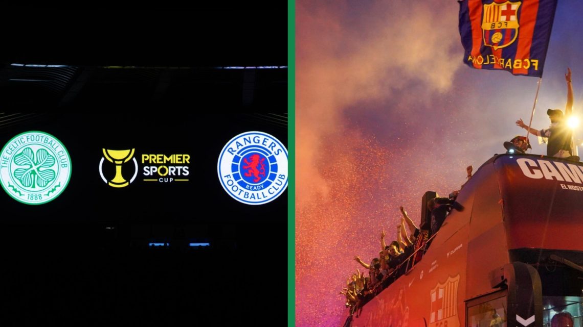 A display of Celtic and Rangers badges for the 2024 League Cup final at Hampden and Barcelona celebrating the 2025 La Liga title