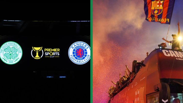 A display of Celtic and Rangers badges for the 2024 League Cup final at Hampden and Barcelona celebrating the 2025 La Liga title