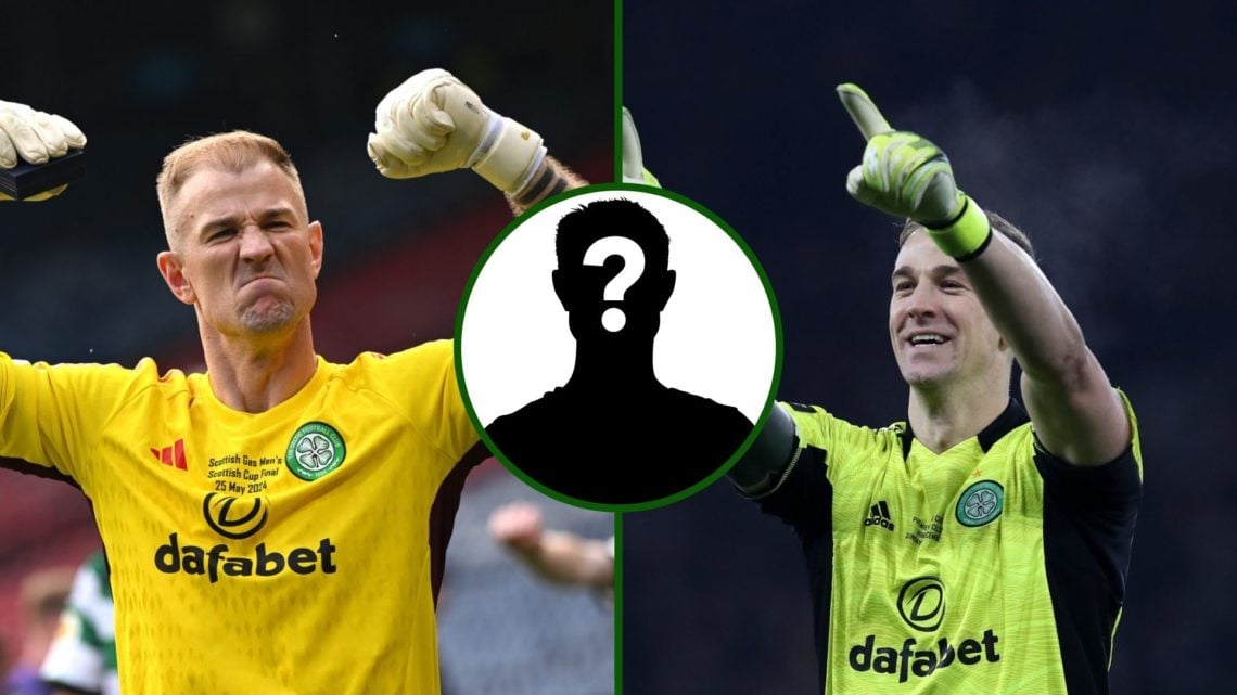 Two way image of Joe Hart winning the Scottish League Cup for Celtic vs Hibs and the Scottish Cup final against Rangers at Hampden with a mystery p...