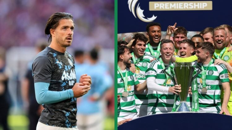 Jack Grealish looks towards the crowd at Wembley for the FA Cup final between Manchester City and Crystal Palace. The Celtic squad celebrate by lif...