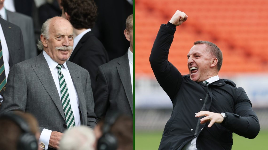 Split image of Dermot Desmond at Celtic Park and Brendan Rodgers celebrating Celtic's title win at Dundee United