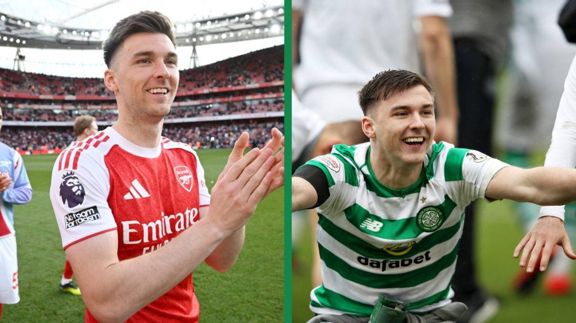 Kieran Tierney claps the Arsenal fans after their Premier League clash against Newcastle United, and Tierney celebrating the 2018/19 Premiership ti...