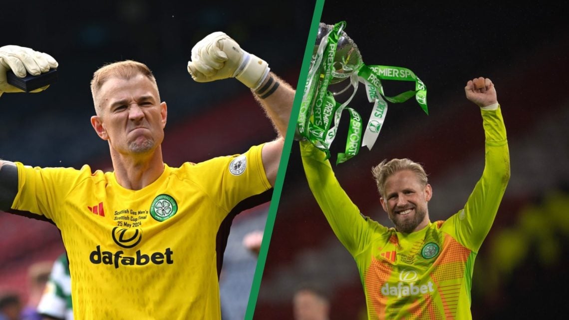 Joe Hart celebrates after Celtic's Scottish Cup final win over Rangers, May 25, 2024. Kasper Schmeichel lifts the League Cup trophy after Celtic's ...