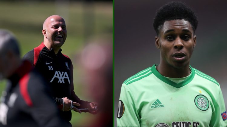 Split image of former Celtic defender Jeremie Frimpong and Liverpool boss Arne Slot