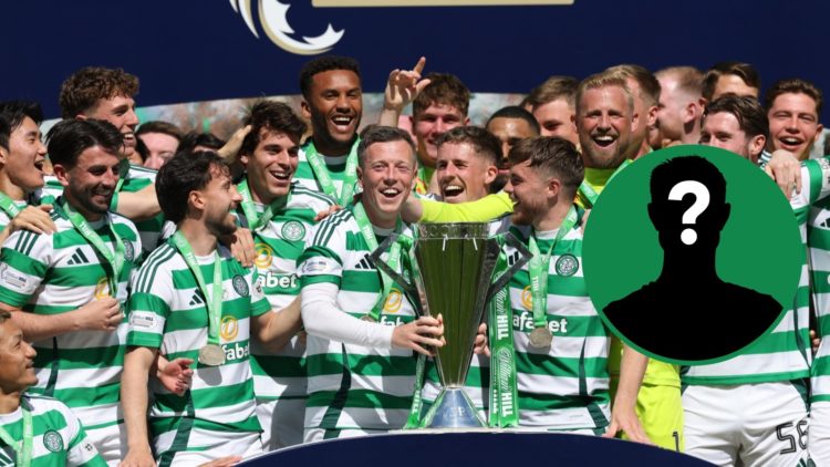 Celtic lift the Scottish Premiership trophy after being crowned champions, an inset of a mystery man figure