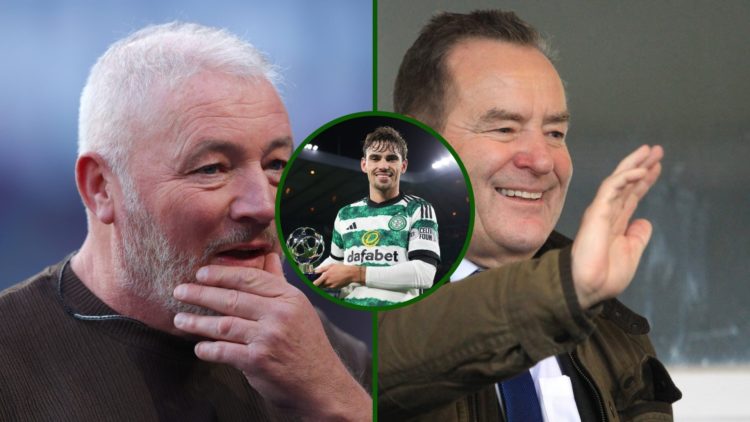 Three way image of Ally McCoist, Jeff Stelling and an overlay of Matt O'Riley being awarded the Celtic Man Of the Match in the Champions League dra...