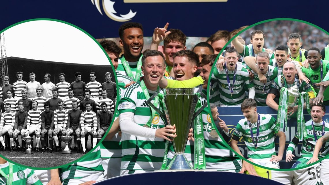 Celtic players lifting 24/25 Premiership trophy with 67/68 Celtic team photo left inset and 16/17 Celtic team lifting Scottish Cup right inset