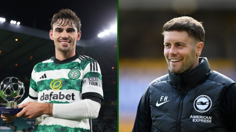 Split image of Celtic hero Matt O'Riley vs Atletico Madrid and Brighton boss Fabian Hurzeler