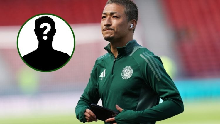 Two-way image of Celtic star Daizen Maeda at Hampden for the Scottish Cup and a mystery player overlay