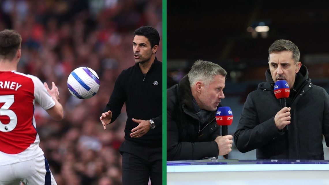 Gary Neville on punditry duty for Sky Sports at Villa Park, December 2023. Kieran Tierney in action for Arsenal against Brentford, April, 2025