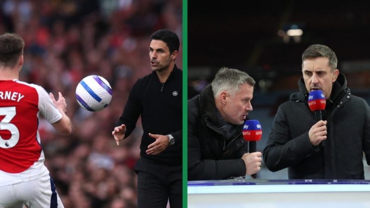 Gary Neville on punditry duty for Sky Sports at Villa Park, December 2023. Kieran Tierney in action for Arsenal against Brentford, April, 2025