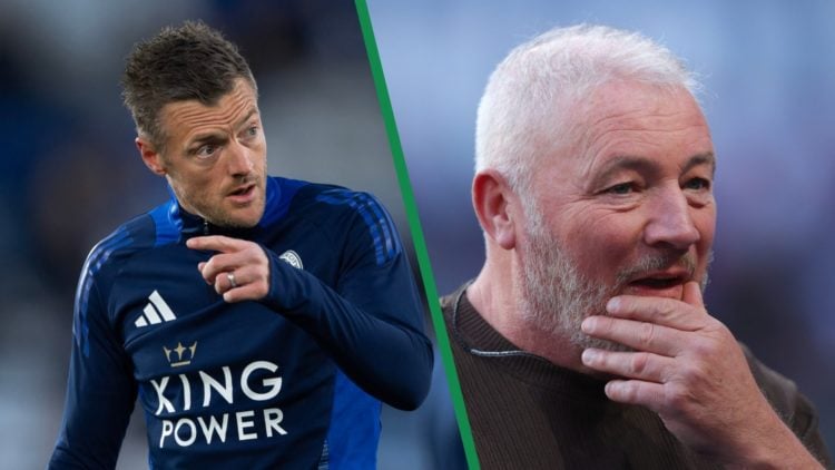 Jamie Vardy warms up before Leicester City against Newcastle United, April 07, 2025. Ally McCoist as a TNT Sport pundit for Arsenal's Champions Lea...
