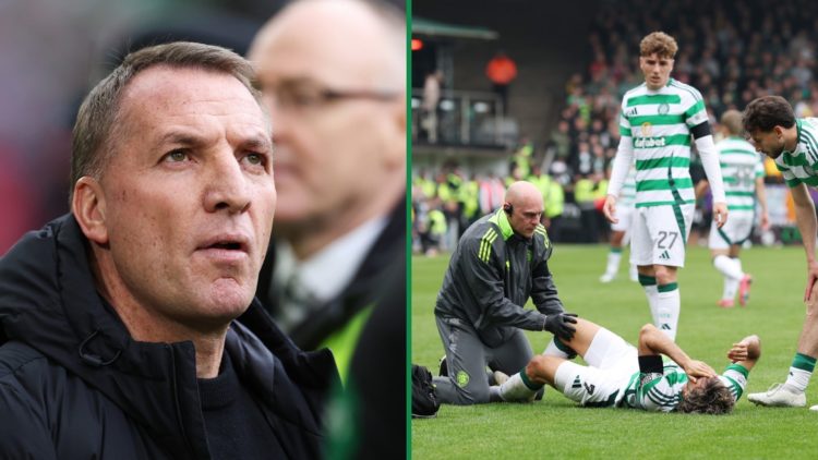 Split image, Brendan Rodgers. Jota injured playing for Celtic.