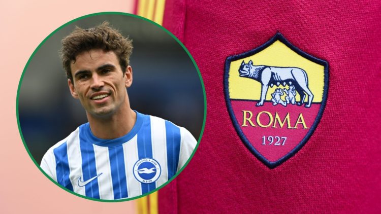 Brighton's Matt O'Riley smiles inset left with AS Roma badge to right as background