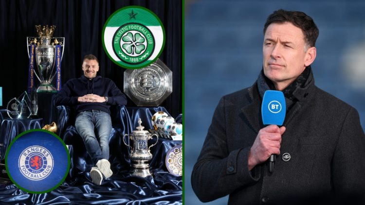 Four-way image of Chris Sutton former Leicester City striker Jamie Vardy with overlays of Celtic and Rangers badges