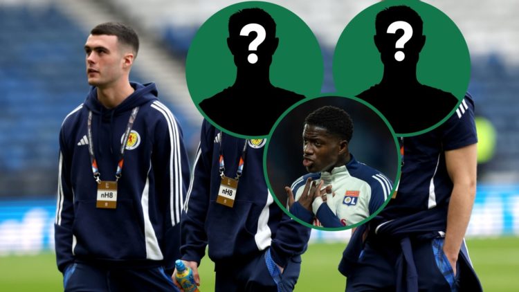 Lennon Miller arrives for Scotland vs Greece at Hampden Park, an inset of Mahamadou Diawara protesting a decision during a Lyon game, two insets of...