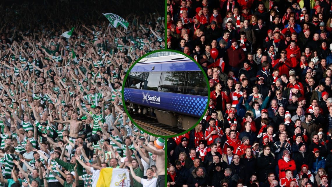 Three-way image of Celtic and Aberdeen fans at Hampden with an overlay of a Scotrail train