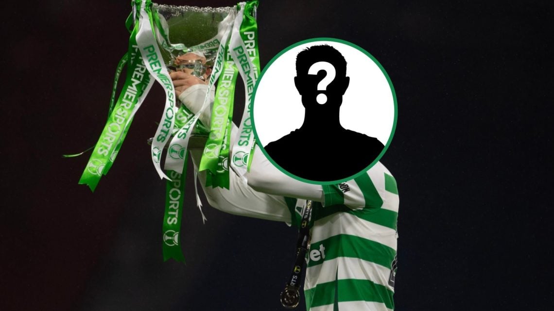 Celtic mystery man holding the Premier Sports Cup trophy at Hampden Park
