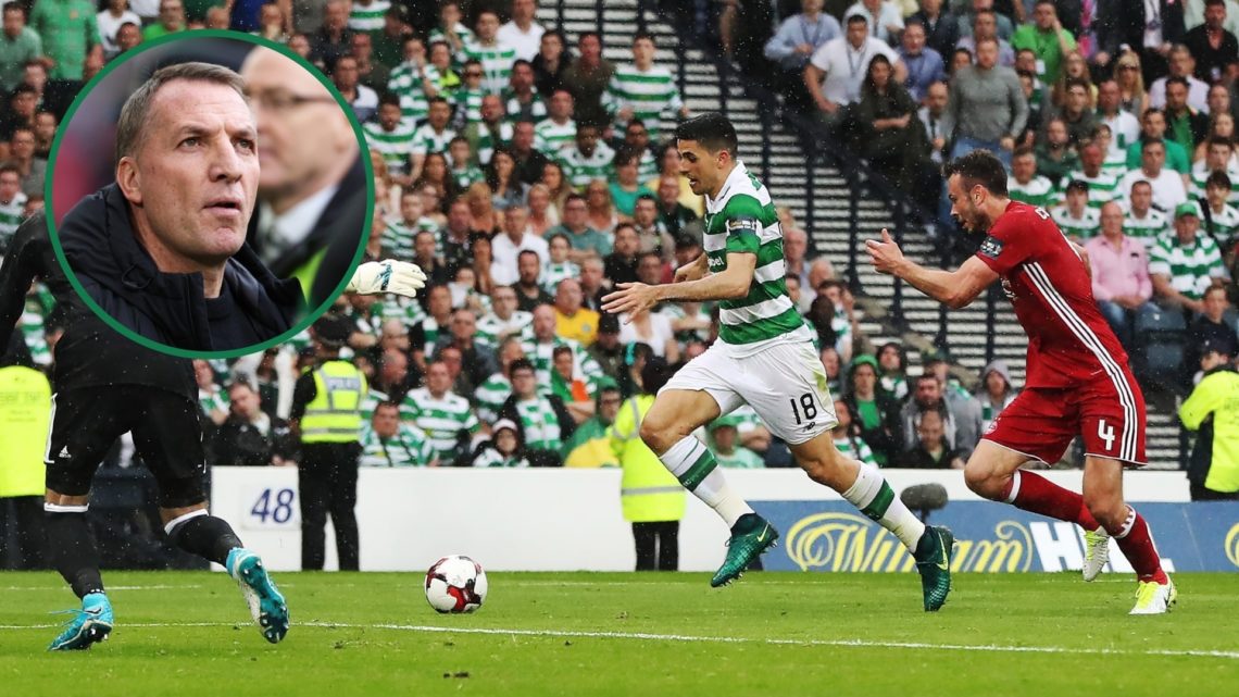 Tom Rogic runs through on goal during the Scottish Cup final between Celtic and Aberdeen, Brendan Rodgers watches on before Celtic and Rangers