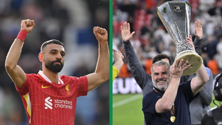Mohamed Salah celebrates for Liverpool against Leicester City at the King Power Stadium, 2025. Ange Postecoglou lifts the Europa League trophy afte...
