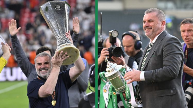 Ange Postecoglou lifts the Europa League trophy in Bilbao, May 21, 2025, after Tottenham's win over Manchester United. Ange Postecoglou with the Sc...