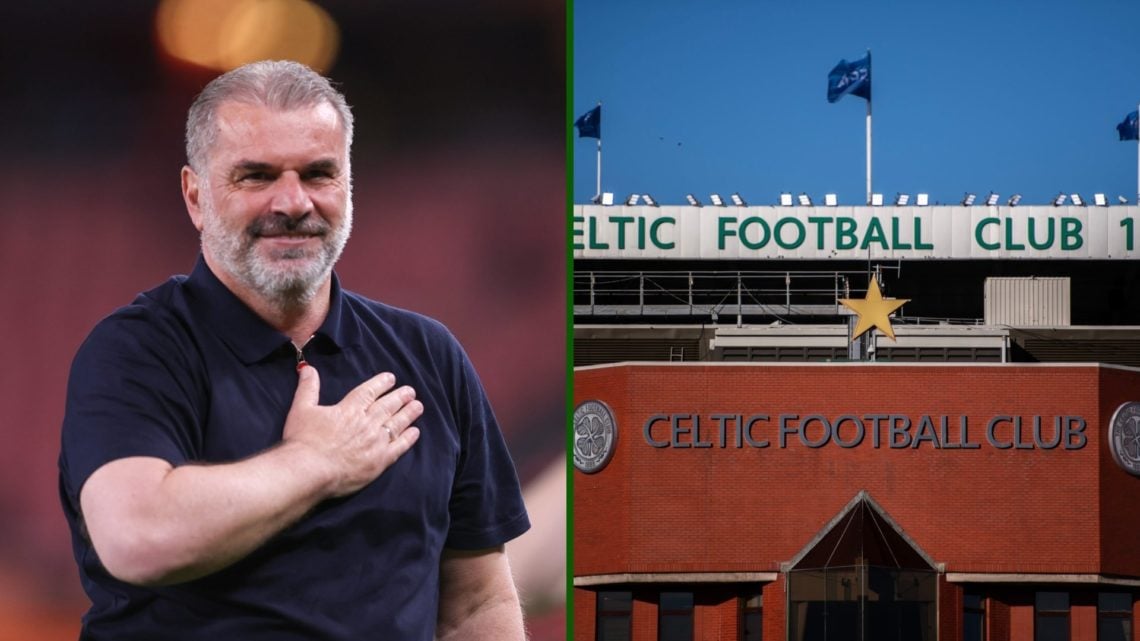 Split image of Tottenham boss Ange Postecoglou after Tottenham beat Man United in the Europa League in Bilbao and Celtic Park.