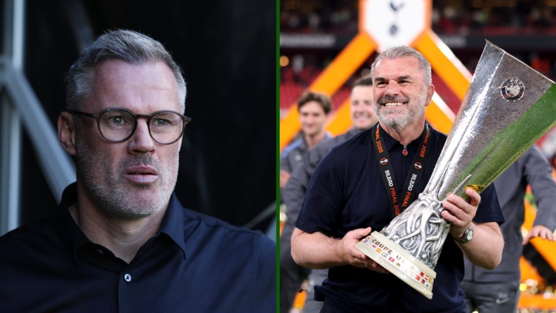 Split image of Celtic hero Ange Postecoglou after winning the Europa League with Tottenham and Liverpool legend Jamie Carragher