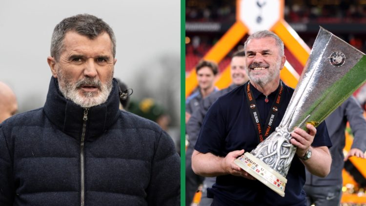 Roy Keane doing punditry work for Tottenham's FA Cup clash at Tamworth, January 13, 2025. Ange Postecoglou lifts the Europa League trophy after Tot...