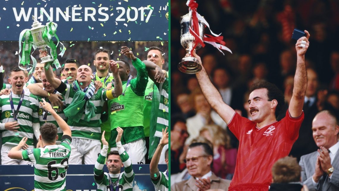 Scott Brown lifts the Scottish Cup trophy after Celtic beat Aberdeen in 2017, Willie Miller celebrates winning the Scottish Cup final with Aberdeen...