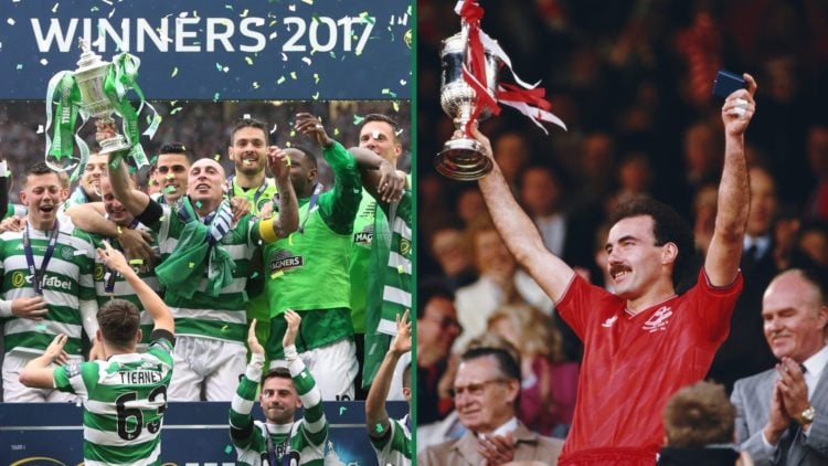 Scott Brown lifts the Scottish Cup trophy after Celtic beat Aberdeen in 2017, Willie Miller celebrates winning the Scottish Cup final with Aberdeen...