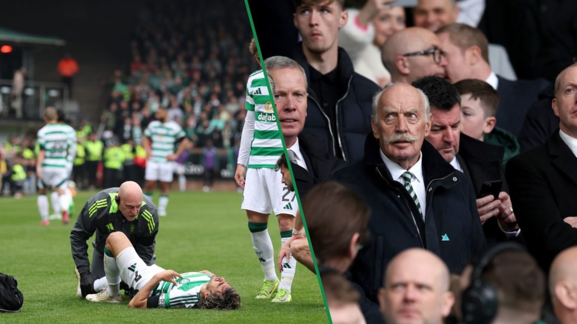 Peter Lawwell, Michael Nicholson and Dermot Desmond watch on from the stands at Celtic Park, Jota receives treatment for an injurt during a Celtic ...