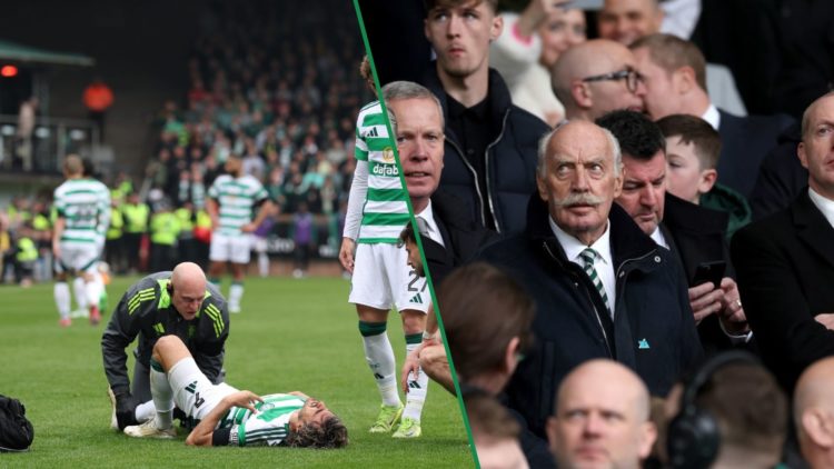 Peter Lawwell, Michael Nicholson and Dermot Desmond watch on from the stands at Celtic Park, Jota receives treatment for an injurt during a Celtic ...