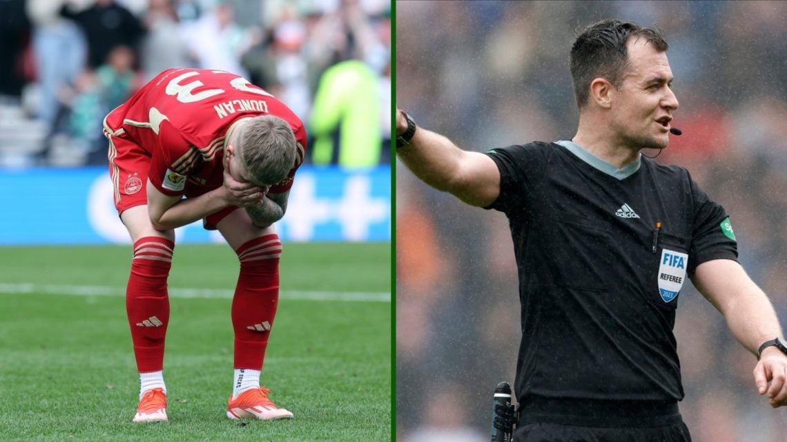 Split image of Don Roberston refereeing Celtic in the Scottish Cup and a heartbroken Aberdeen player