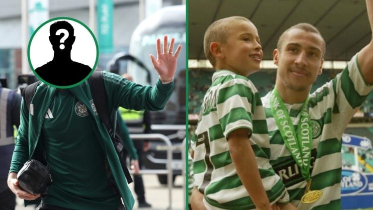 Mystery Celtic man waves to fans left and Henrik Larsson with his son at Celtic Park in 2004 right