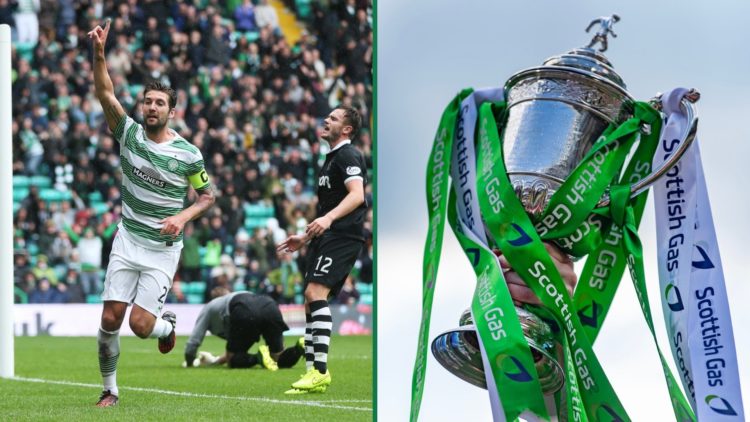 Charlie Mulgrew celebrates scoring for Celtic against Dundee United, a generic image of the Scottish Cup trophy