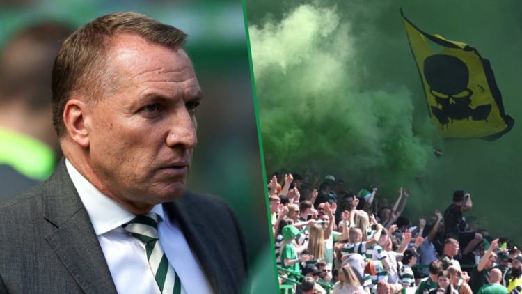 Brendan Rodgers at Celtic Park left and Celtic fans amid smoke flares on right