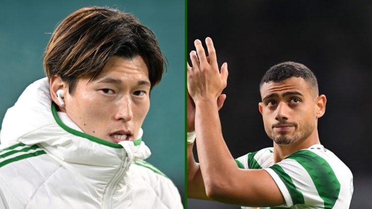 Two-way image of Celtic hero Kyogo Furuhashi arriving for Champions League fixture and Giorgos Giakoumakis thanking the Celtic supporters after Par...