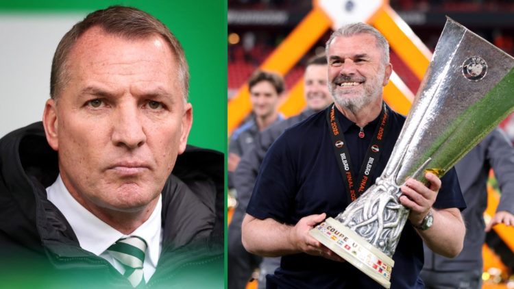 Brendan Rodgers looks on at Celtic Park left and Ange Postecoglou right holding Europa League trophy in Bilbao, Spain