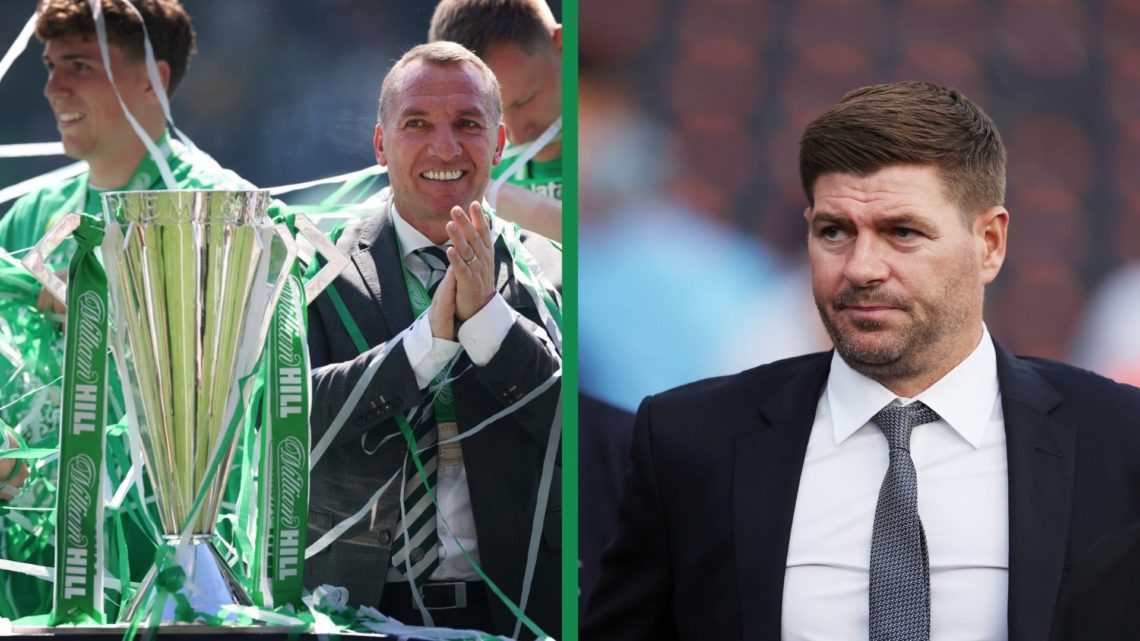 Brendan Rodgers celebrating Celtic's 2024/25 Premiership title on May 17, 2025. Steven Gerrard ahead of the UEFA Champions League 2022/23 final mat...