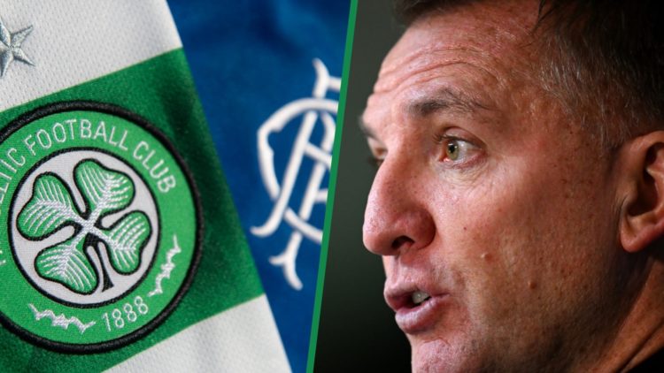 Celtic & Rangers badges left and Brendan Rodgers right