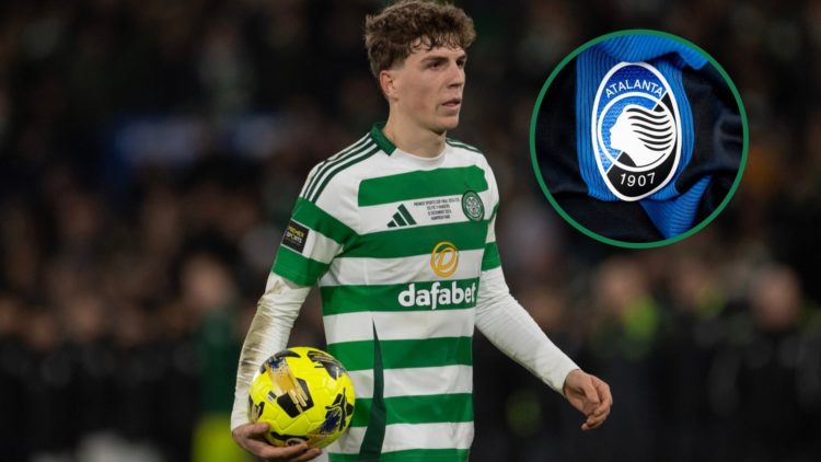 Arne Engels prepares to take a penalty before Celtic vs Rangers, a detailed shot of the Atalanta badge