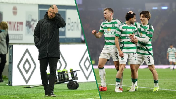 Jimmy Thelin looks frustrated during a Conference League tie, Nicolas Kuhn celebrates after scoring for Celtic against Aberdeen in the Scottish Lea...