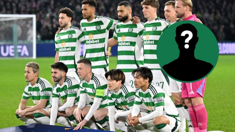 Daizen Maeda and the Celtic players pose for a photo before the Champions League game against Young Boys, an inset of a mystery man