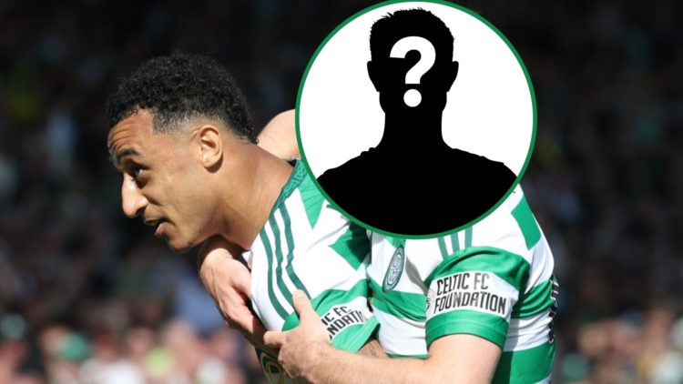 Celtic's Adam Idah left and a mystery Celtic figure right at Hampden Park