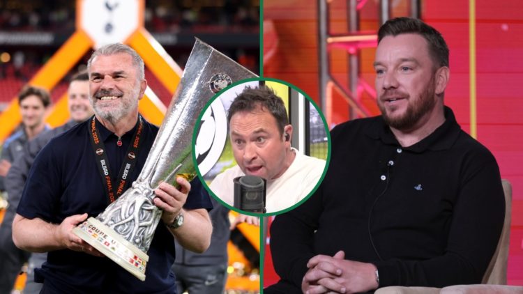 Ange Postecoglou poses with the Europa League trophy, an inset of Jason Cundy reacting to Jamie O'Hara on Talksport breakfast show, Jamie O'Hara at...
