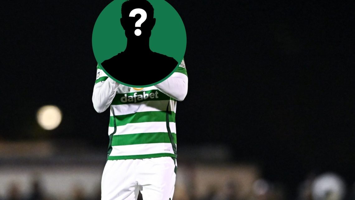 Maik Nawrocki in action for Celtic during a mid-season friendly against Sligo Rovers, inset of a mystery man covering Nawrocki's face