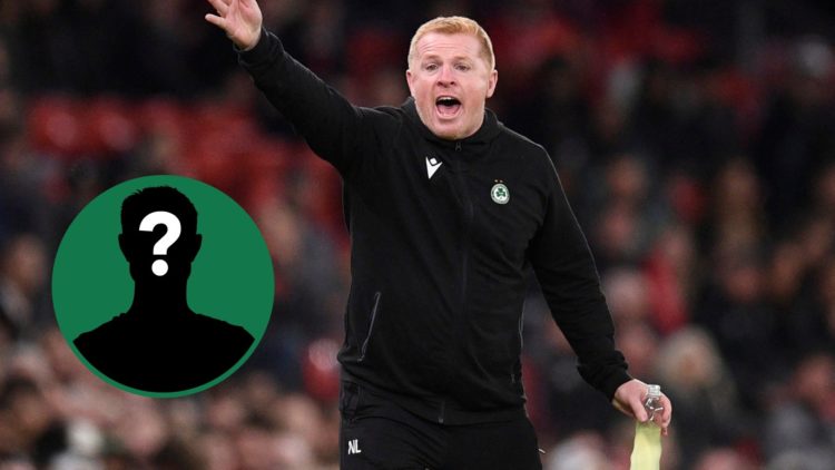 Neil Lennon shouts instructions at his Omonia players during a Europa League tie, inset of a mystery man