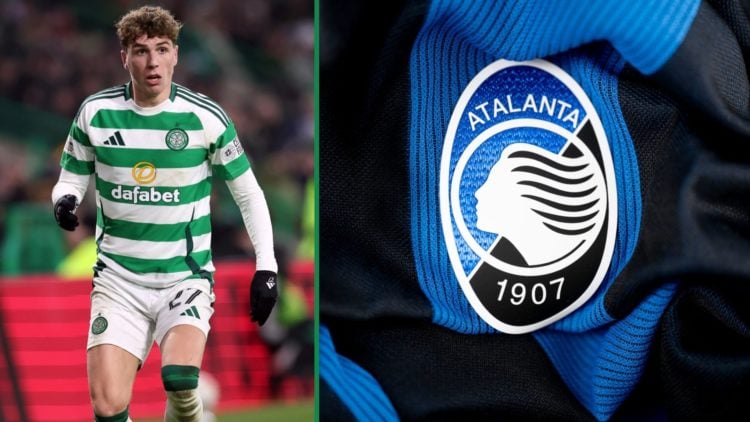 Celtic player Arne Engels left and close-up of Atalanta badge right
