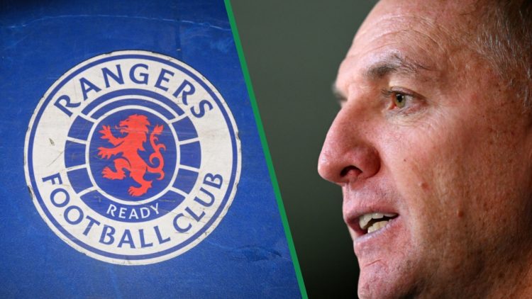 Rangers badge left and Brendan Rodgers right