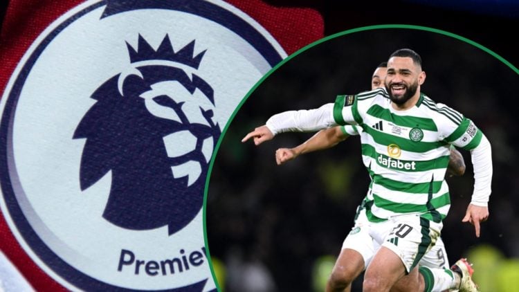 Premier League logo with Cameron Carter Vickers celebrating for Celtic inset right